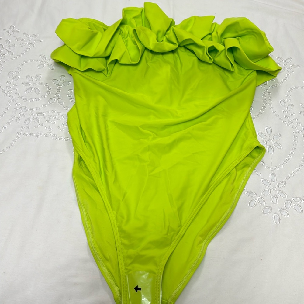 New York and Company Neon green ruffle one piece swimsuit.
